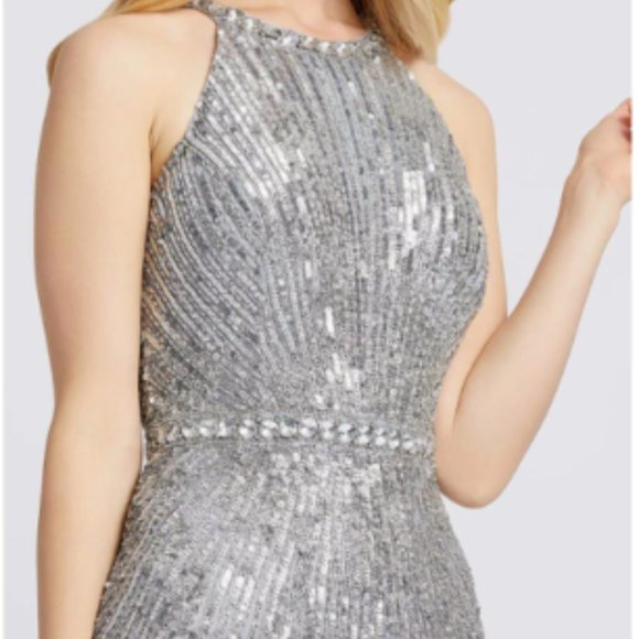 MAC DUGGAL 4963A BEADED HALTER THIGH SLIT PLATINUM GOWN sz 8 - Picture 3 of 6